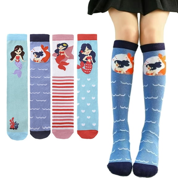 Godderr 2 Pairs Toddler Kids Girls Cute Cartoon Knee High Socks 3-12 Y Thigh High Socks Spring Fall Cotton Baby Compression Socks