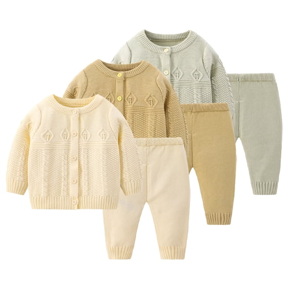 Godderr 2 Piece Infant Baby Knit Sweater Set for Boy Girl Autumn Spring Split Sweater Tops+pants Solid Color Crewneck Cardigan Sweater Set for 0-24M