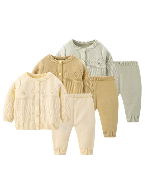 2 Piece Infant Baby Knit Sweater Set for Boy Girl Autumn Spring Split Sweater Tops+pants Solid Color Crewneck Cardigan Sweater Set for 0-24M