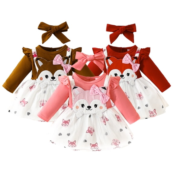 Godderr 2PCS 0-18M Newborn Girls Sweet Dress Spring Fall Tulle Print Splice Dress Long Sleeve Casual Bow Dress