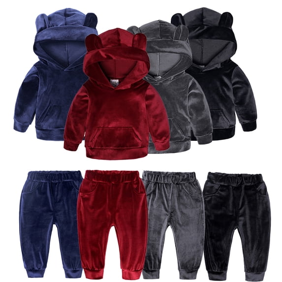 Godderr 2PCS 12M-8Y Newborn Boys Girls Hooded Sweatpants Outfits Set for kids Toddler Bear Velvet Sweatshirt + Jogger Pants Autumn Winter Set for 12M-8Y