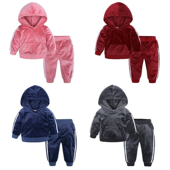 Godderr 2PCS Kids Toddler Velour Sweatshirt Outfits Set Boys Girls with Pocket Tracksuits Set Baby Hooded Warm Workout Jogging Sets for 9M-8Y