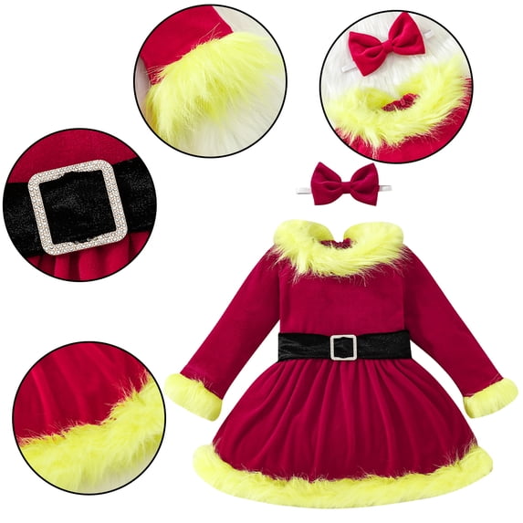 Godderr 2PCS 18M-6Y Toddler Girls Christmas Velvet Dress for Newborn Baby Fleece Dress + Bowknot Headband Long Sleeve Autumn Winter Dress