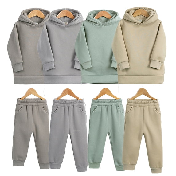 Godderr 1-7Y Toddler Baby Pullover Warm Sweatsuit + Jogger Pants Outfits for 2PCS Kids Girls Boys Hooded Sweatshirt Pants Outfits Solid Colour Long Sleeve Thickened Autumn Winter Classic Tops Pants