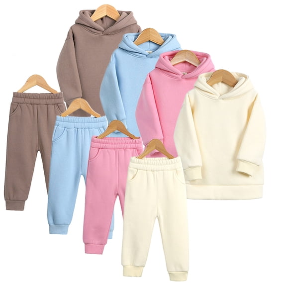 Godderr 2PCS Toddler Girls Boys Sweatshirt + Pants Outfits Long Sleeve Kids Baby Top Sweatsuit +Jogger Pants Outfits With Hooded Fall Winter Set Clothes Solid Colour Long Sleeve Sweatsuit for 1-7Y