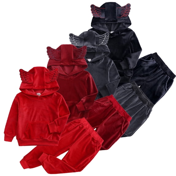 Godderr 9M-8Y Newborn Kids Winter Sweatshirt Outfit 2PCS Velour Tracksuit Set Hooded Sweatsuit Set Pullover Warm Jogging Sets for Boys Girls