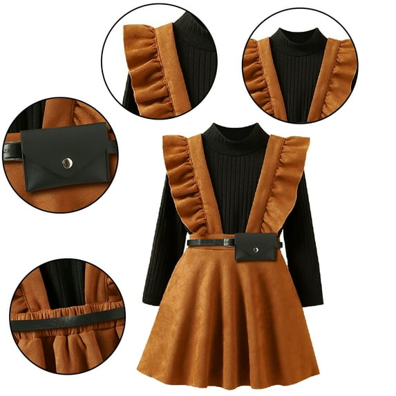 Godderr 2Pcs Kids Toddler Girls High Collar T-Shirt Dress Set 4-7Y Long Sleeve Base Shirt Top + Ruffle Edge Ear Edge Strap Skirt Baby Party Dress Set