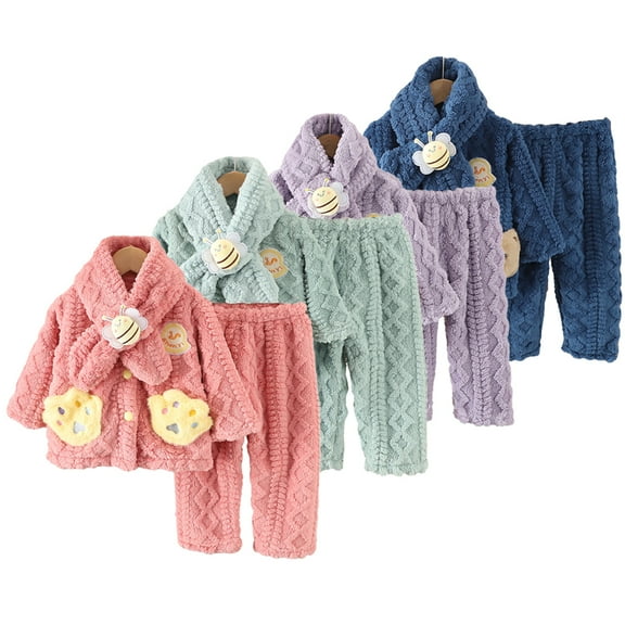 Godderr 2Pcs Kids Toddler Winter Warm Pajama Set for Girls Boys ,Infant Fleece Loungewear Fleece Pants 2-Piece Solid Color Button Sleepwear Baby Winter Warm Home Set Clothes for 12M-8Y