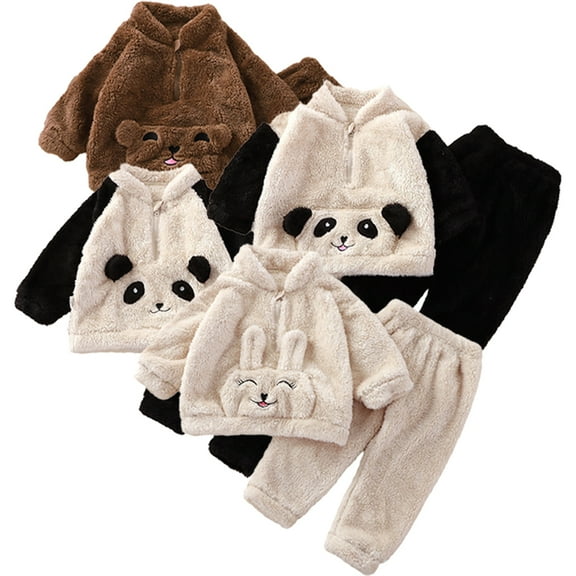 Godderr 2Pcs Toddler Newborn Boys Girls Fleece Pajamas Outfits 9M-5Y Kids 2Pcs Autumn Winter Loungewear Set Baby Cartoon Warm Sleepwear Set