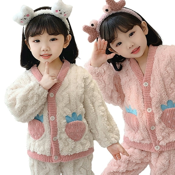Godderr 2pcs Kids Baby Thickened Pajamas Outfits Pj for Girls Toddler Fall Winter Fleece Sleepwear Set Newborn Solid Color Button Long-Sleeved Loungewear Set 12M-8Y