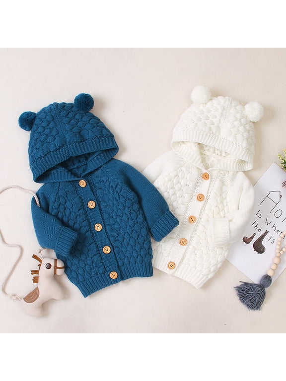 3-12M Girls Boys Fall Spring Knit Sweater Outwears Jackets Knitted Hooded Coats with Bear Ears Solid Color Cardigan Sweater for Infant Newborn