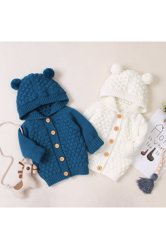 3-12M Girls Boys Fall Spring Knit Sweater Outwears Jackets Knitted Hooded Coats with Bear Ears Solid Color Cardigan Sweater for Infant Newborn