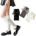 thumbnail image 1 of Godderr 3-12T Girls Knee High Socks Kids Lace Bow Thigh High Socks Big Bow Dress Socks Mid-Calf Students Socks 2 Pairs, 1 of 8