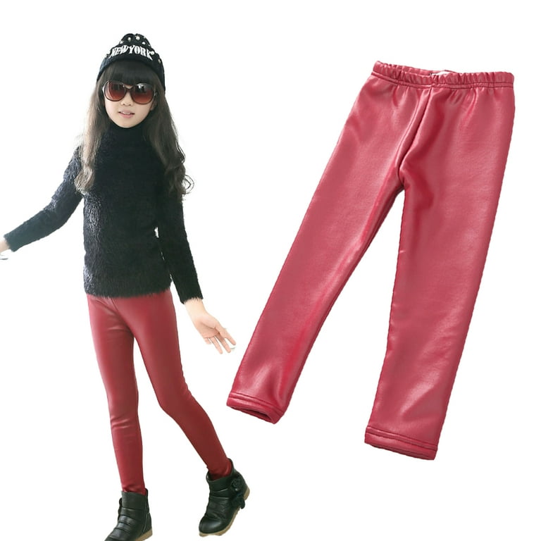 Godderr 3-12Y Girls Stretchy Faux Leather Leggings Kids Winter Fleece Lined  Trousers Toddler Solid Color Faux Leather Long Pants