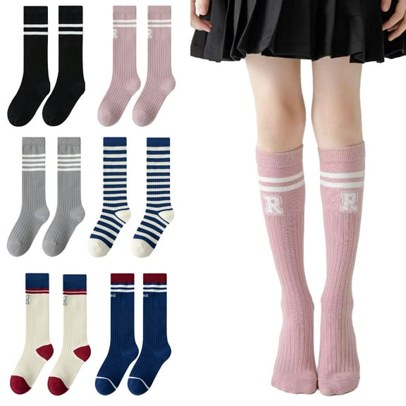 Godderr 3-12Y Kids Toddler Girls Thigh High Socks Girls Cotton Mid-Calf Socks Striped Socks Stockings Baby Knee High Socks 2Pairs