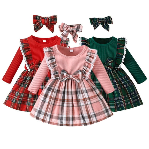 Godderr 3-24M Newborn Toddler Girls Christmas Dress Baby Ruffle Casual Dress Long Sleeve Plaid Princess Dress Girls Red Skirt Dress Clothes
