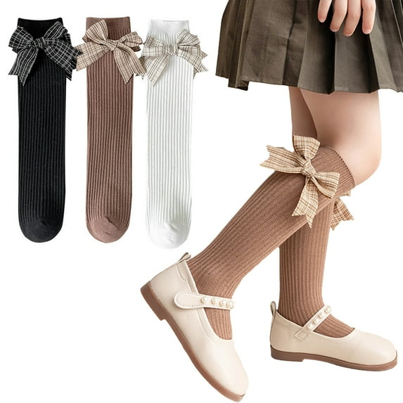 Godderr 3 Pairs Toddler Girls Cotton Knee High Socks for Kids Spring Fall Bowknot Thigh High Socks Baby Solid Color Compression Socks 3-12 Y