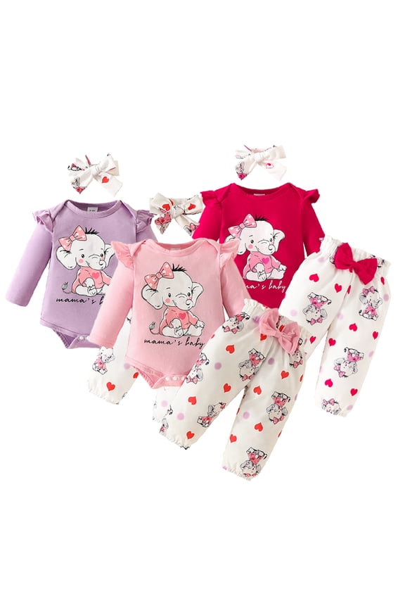 3PCS Newborn Toddler Girls Long-Sleeved Pants Outfits Baby Fall Winter Clothing Elephant Printed Jumpsuit Tops +bowknot Printed Long Pants Bowknot Headbands Set 0-18M