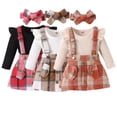 thumbnail image 1 of Godderr 0-3Y Newborn Toddler Girls Fall Winter Plaid Suspenders Skirt Set Outfits 3PCS Solid Color Jumpsuit Tops +suspenders Skirt+Bow Outfits, 1 of 9