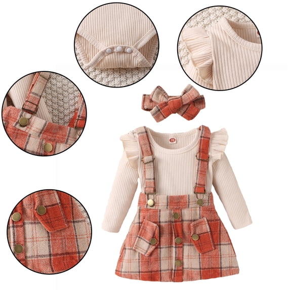 Godderr 0-3Y Newborn Toddler Girls Fall Winter Plaid Suspenders Skirt Set Outfits 3PCS Solid Color Jumpsuit Tops +suspenders Skirt+Bow Outfits