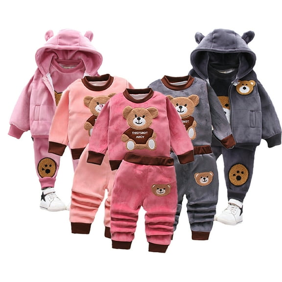 Godderr 3PCS Toddler Kids Padded Tracksuits Set Baby Boys Girls Cartoon Bear Embroidery Sweatshirt hooded Fleece Vest warm Fleece Pants Outfits for 1-5Y Winter clothing Set