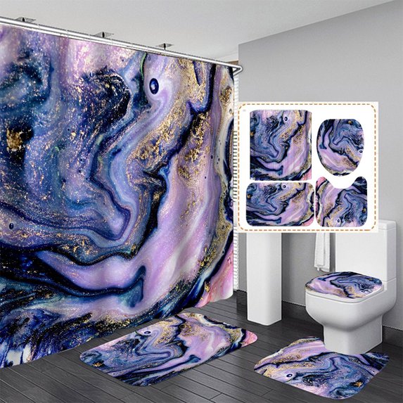 Godderr 4 Pcs Curtain Sets, Marble Bathroom Curtains Shower Decor With Non-Slip Rug, Toilet Lid Cover Bath Mat, Shower /Curtain Sets