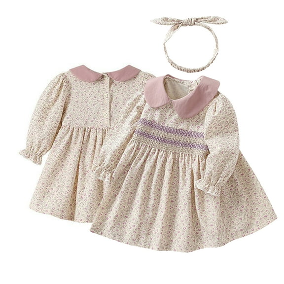 Godderr 6 Months-4 Years Girls Lapel Floral Cotton Princess Dress for Baby Kids,Long Sleeve Casual Dress Party Dress,Floral Dress