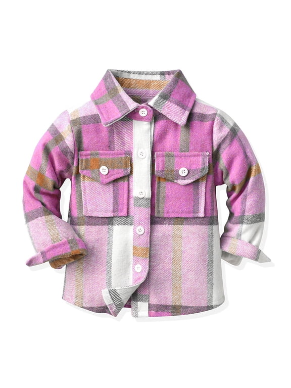 6M-9T Boys Girls Flannel Plaid Jacket Coat for Toddler Baby Kids Button down Pocketed Shirts Long Sleeve Lapel Fall Cardigan Clothes