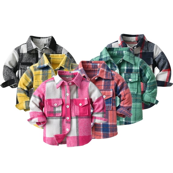 Godderr 6M-9T Boys Girls Plaid Shirt,Toddler Long Sleeve Plaid Regular Fit Baby Infant Unisex Thickened Cotton Coat with Pockets Kids Button down Flannel Tops Outwear