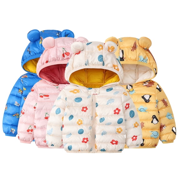 Godderr 9M-5Y Newborn Baby Lightweight Cotton Jacket Boys Girls Cute Print Ears Hooded Cotton Coats Zipper Warm Cotton Outerwear Windproof Winter Tops