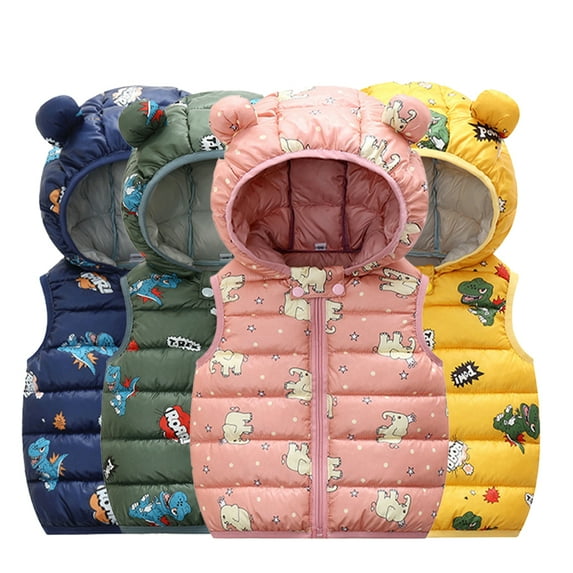 Godderr 9M-5Y Newborn Toddler Candy Color Down Cotton Vest Ear Hooded Down Sleeveless Jackets Boys Girls Printed Winter Outerwear Lightweight Warm Waistcoat Tops