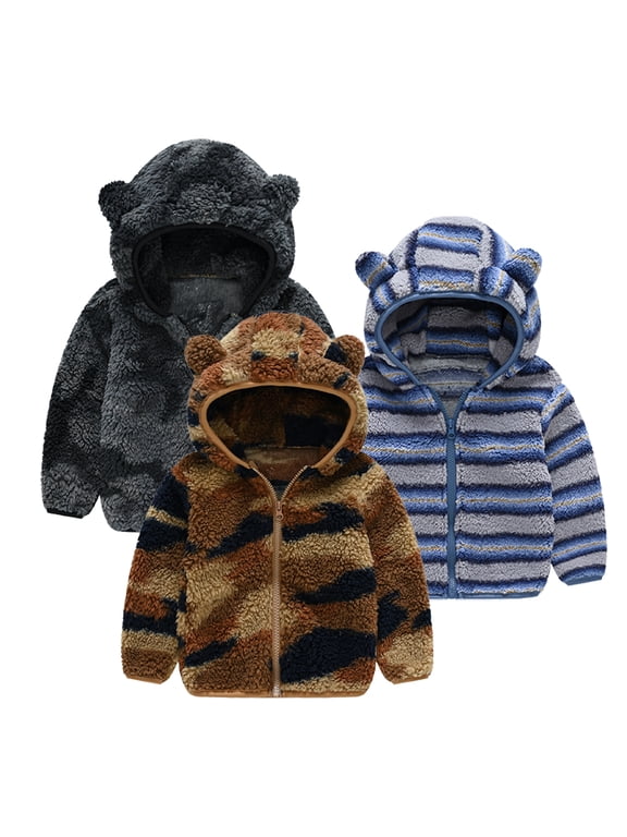 9M-5Y Toddler Baby Boys Girls Sweater Fleece Jacket with Ears Hooded for Newborn Winter Coat Tops Striped Zip Long-Sleeved Comfortable Warm Autumn Winter Coat