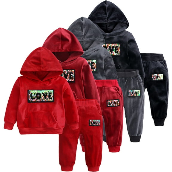 Godderr 9M-8Y Newborn Toddler Winter Sweatpants for 2PCS Kids Girls Boys Hoodie Sweatshirt Tops+ Jogger Pants Outfits Velvet Long Sleeves Warm Letter Tops