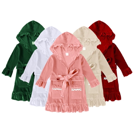 Godderr 9M-9Y Newborn Girls Velvet Robe for Toddler Kids Hooded Bathrobe Soft Fuzzy Bathrobe Winter Long Robe Pajamas Comfortable Warm Sleepwear