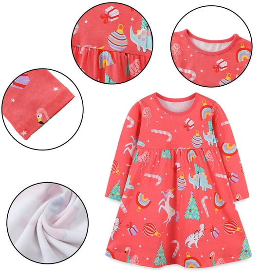 Godderr Baby Girls Christmas Dress for Toddler Kids Crewneck Dress Printing Dress Casual Cotton Long Sleeve Dresses for 1-8Y