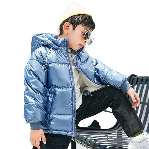Godderr Baby Kids Glossy Down Cotton Jacket 1-7 Years Hooded Cotton Coats Slash Pockets Fall Winter Outerwear Boys Girls Thickened Bread Clothes Solid Color Cotton Jacket