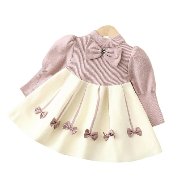Godderr Baby Newborn Sweet Bow Tie Dress for Kids Toddler Girls Princess Dress for 9M-8Y Long Sleeve Crewneck Lantern Sleeve Casual Autumn Winter Little Fragrant Style Girls Sweater Knitted Dress