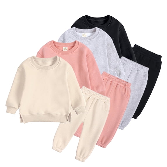 Godderr Baby Toddler Boy Girl Winter Sweatsuit Outfits Set 2PCS Winter Pullover Sweatsuit Outfits Solid Casual Fleece Workout Clothes