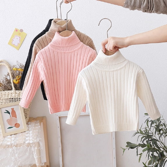 Godderr Baby Toddler Girls Boys Pullover Knit Sweater High-Necked Winter Fall Knitwear Soft Solid Color Knitted Base Shirt for 1-7Y