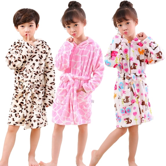 Godderr Boys Girls Fleece Robe for Kids Toddler Cute Print Autumn Winter Hooded Night-Robe Toddler Soft Fuzzy Bathrobe with Belt for Boys Girls 1-10 Years