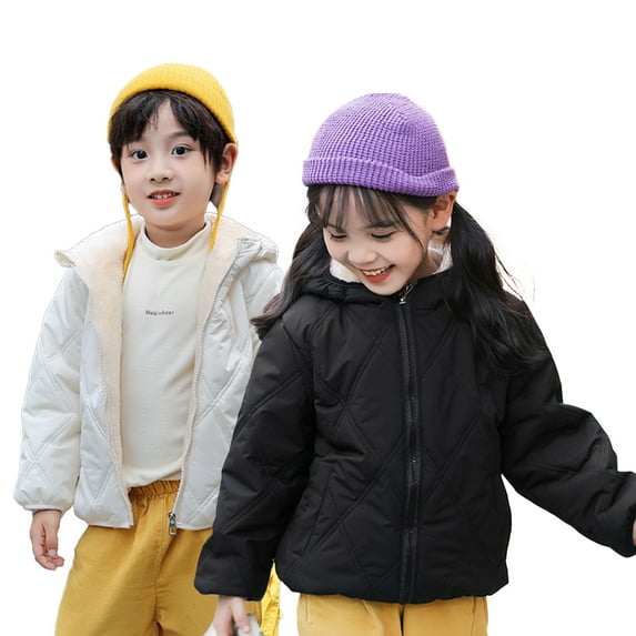Godderr Boys Girls Hooded down Cotton Jacket for Baby Kids Solid Color Lightweight Cotton Coat Fleece Short Cotton Jacket with Pockets Winter down Jacket Tops for 1-7Y