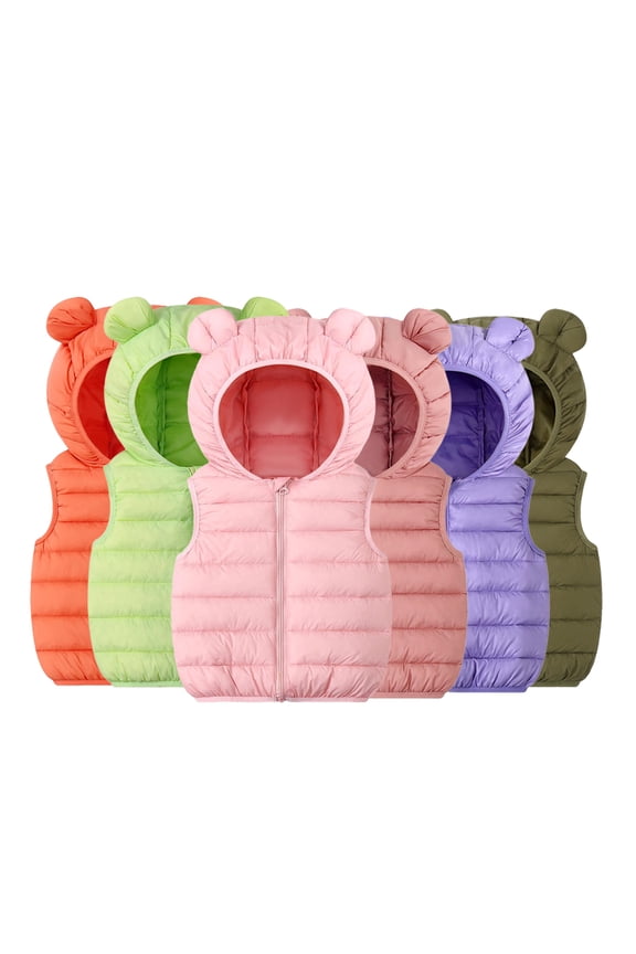 Boys Girls Hooded Ears Waistcoat Down Coats Vest for Baby Kids 1-7Y Solid Colour Warm Spring Autumn Waistcoat Outerwear Tops