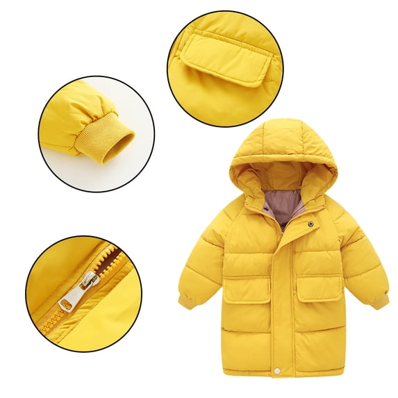 Godderr Boys Girls Hooded Winter Down Coats Solid Colour Cotton Coat for 2-9Y Toddler Kids Flat Pockets Mid-Length Warm Snowsuit Padded Thickened Winter Jacket Tops
