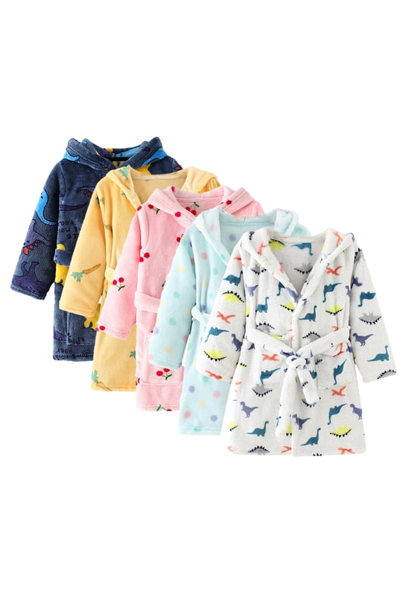 Boys Girls Robe for Kids Toddler,1-10Y Kids Unisex Winter Warm Hooded Bath Robe Fleece Night-Robe Dinosaur Robe Baby V-Neck Kids Bathrobe Pajamas