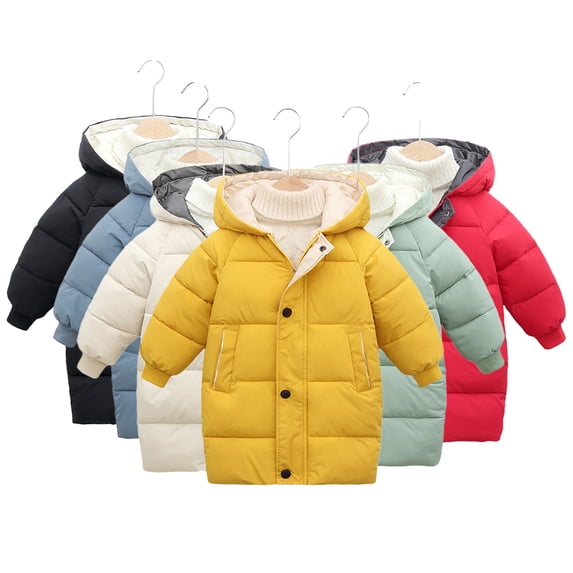 Godderr Boys Girls Solid Color Hooded Cotton Jacket for Baby Kids Large Pockets Warm Cotton Coats Medium-Length Winter Jacket 2-10Y Winter Thickened down Cotton Tops