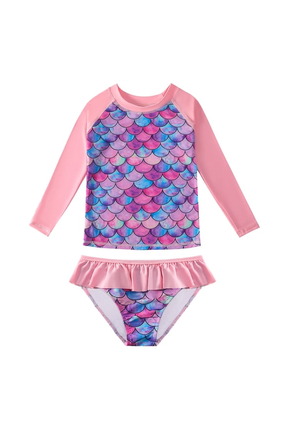 Girls 2piece Swimsuit Bikini Sun Protection Set Fishscale Print Swimsuit Suit 3-9Y