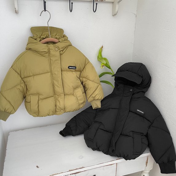 Godderr Girls Boys Fall Winter Down Jackets for Toddler Kids Fleece Cotton Outwears with Brim 2-8Y Solid Color Warm Coats