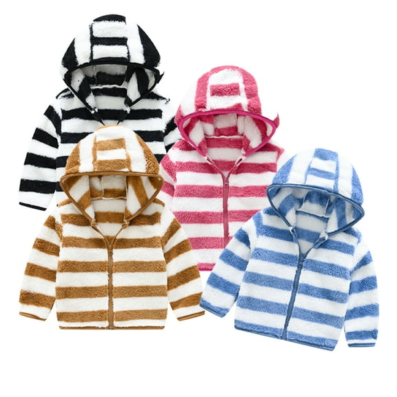 Godderr Girls Boys Fall Winter Fleece Outwear for Toddler Baby Warm Ears Hooded Cotton Jacket Zip up Coat Stripe Warm Winter Jacket for 9M-5Y