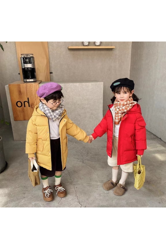 Girls Boys Toddler Hooded Down Jackets 2-9Y Mid-Length Puffer Coats Slash Pockets Winter Fall Outwears