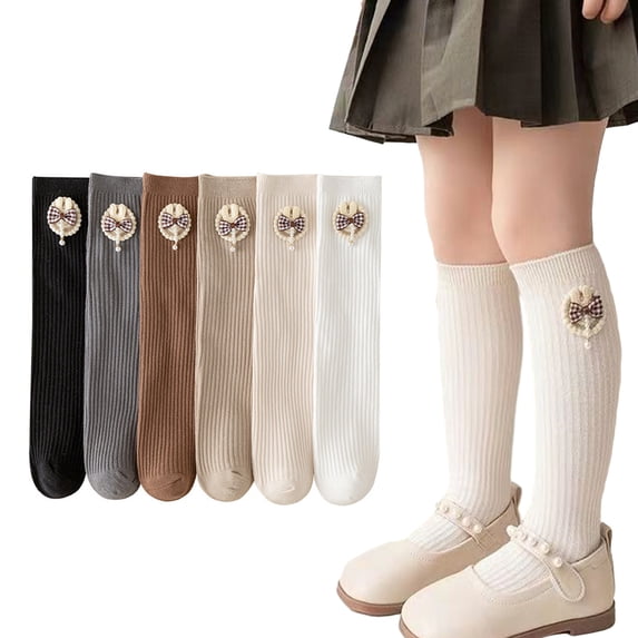Godderr Girls Cute Mid-Calf Socks Kids Bow Knee High Socks Baby Cotton Stacked Socks Toddler Solid Colors Compression Socks Spring Fall Calf Princess Socks 2 Pairs
